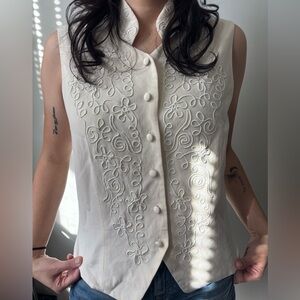Fairycore White Bone ButtonUp silk vest cottage whimsical embroidered Top Large